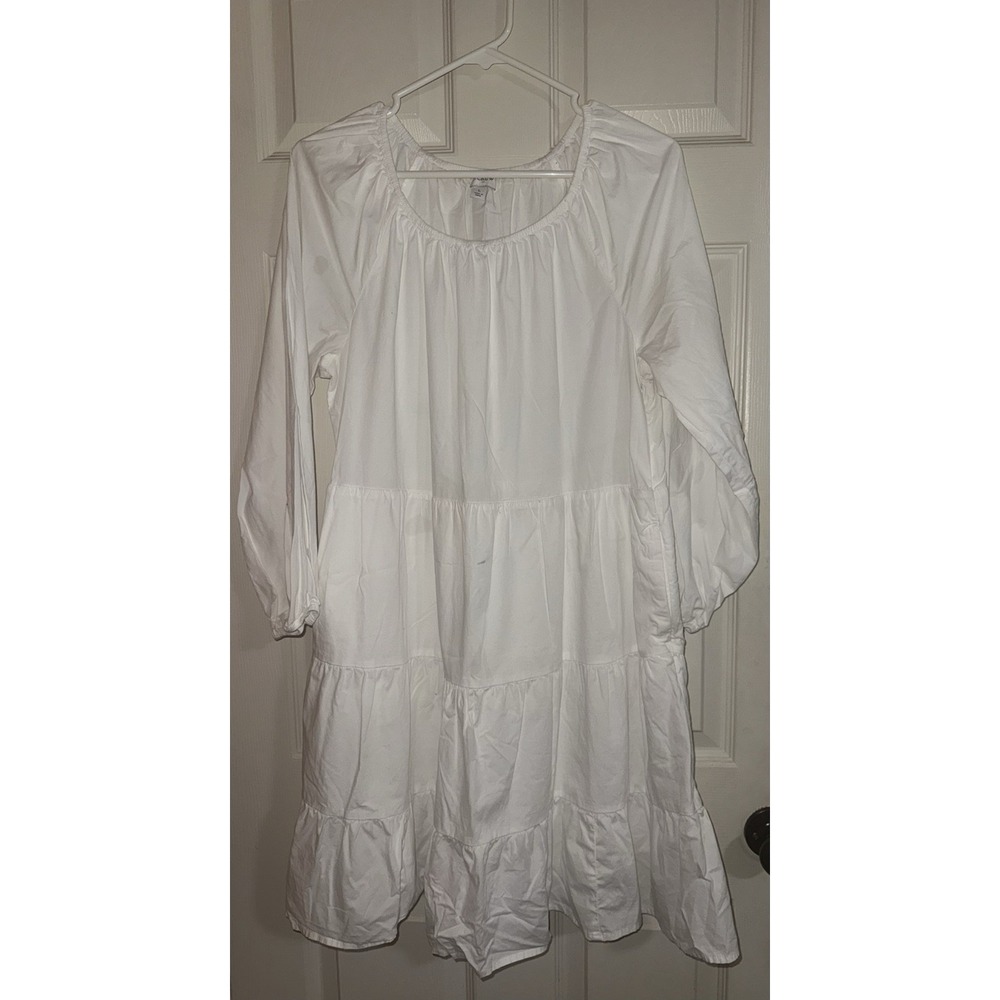 J.Crew Women's White Tiered Peasant Dress Size L Longā Sleeve Cotton Blend Boho
